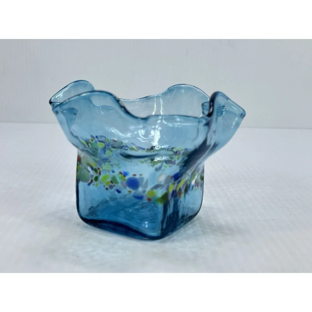 Slow Burn Glass Signed Dated 2022 Hand Blown Blue Multi Color Fluted Vase 3.5
